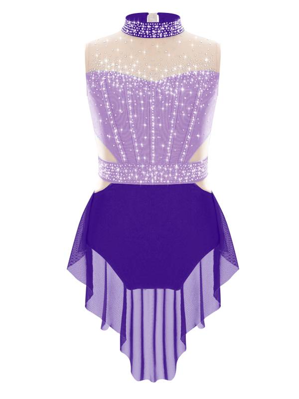 Kids Girls Sleeveless Shiny Rhinestones Mesh Skirted Leotard for Skating thumb