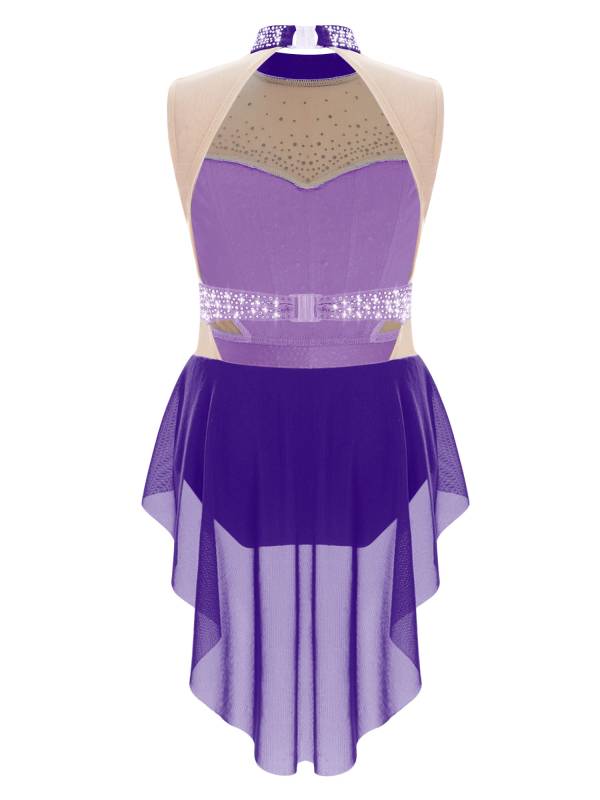 Kids Girls Sleeveless Shiny Rhinestones Mesh Skirted Leotard for Skating thumb
