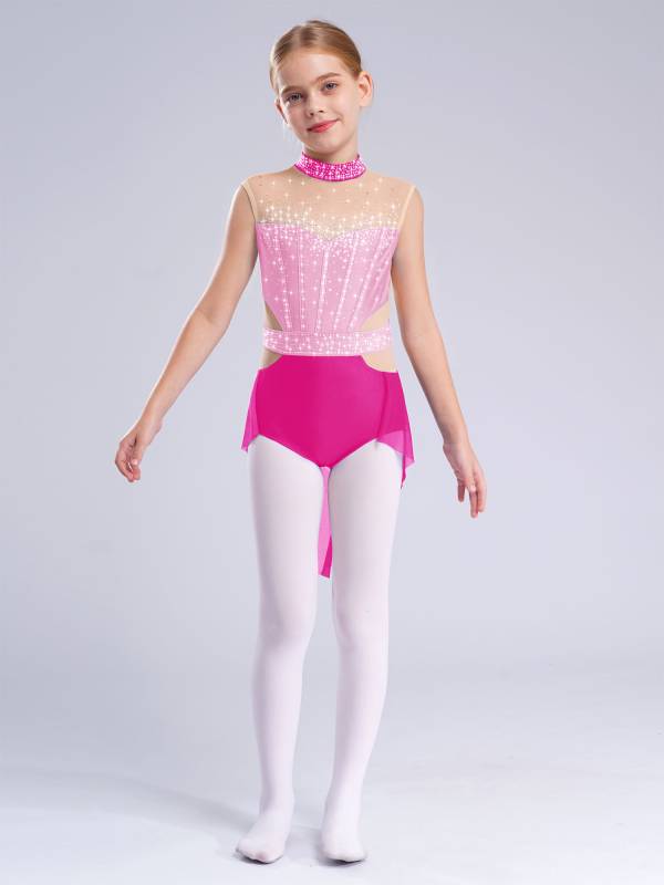 Kids Girls Sleeveless Shiny Rhinestones Mesh Skirted Leotard for Skating thumb