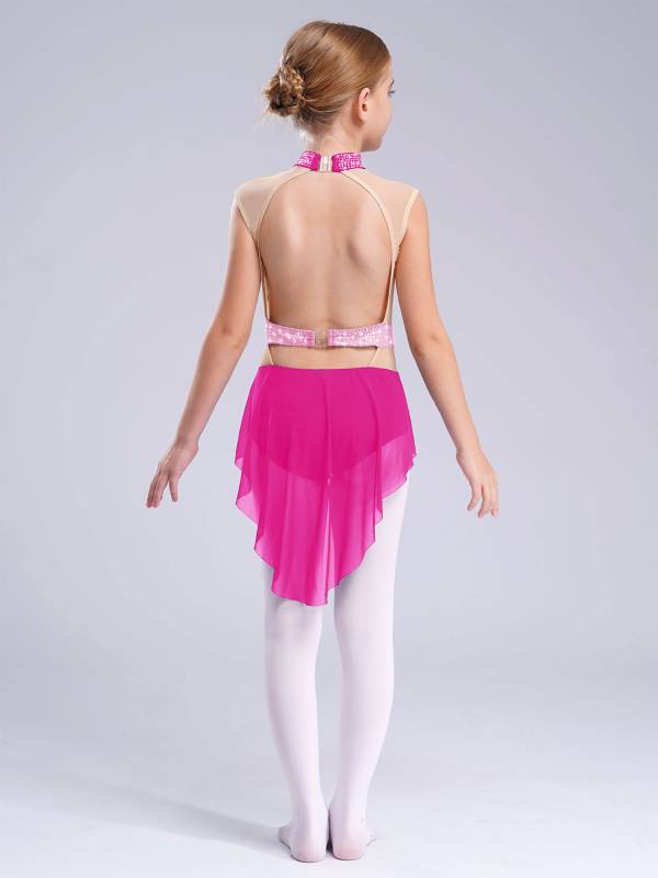 Kids Girls Sleeveless Shiny Rhinestones Mesh Skirted Leotard for Skating thumb
