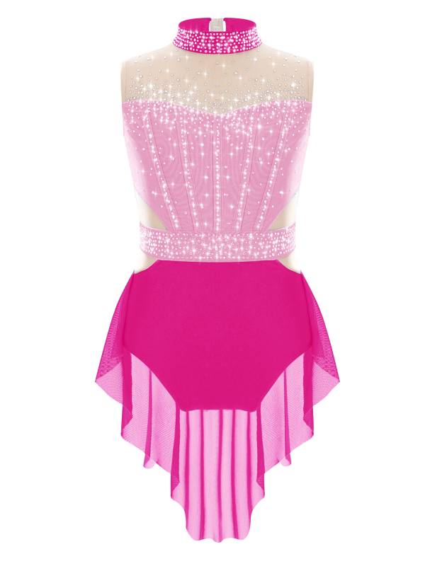 Kids Girls Sleeveless Shiny Rhinestones Mesh Skirted Leotard for Skating thumb