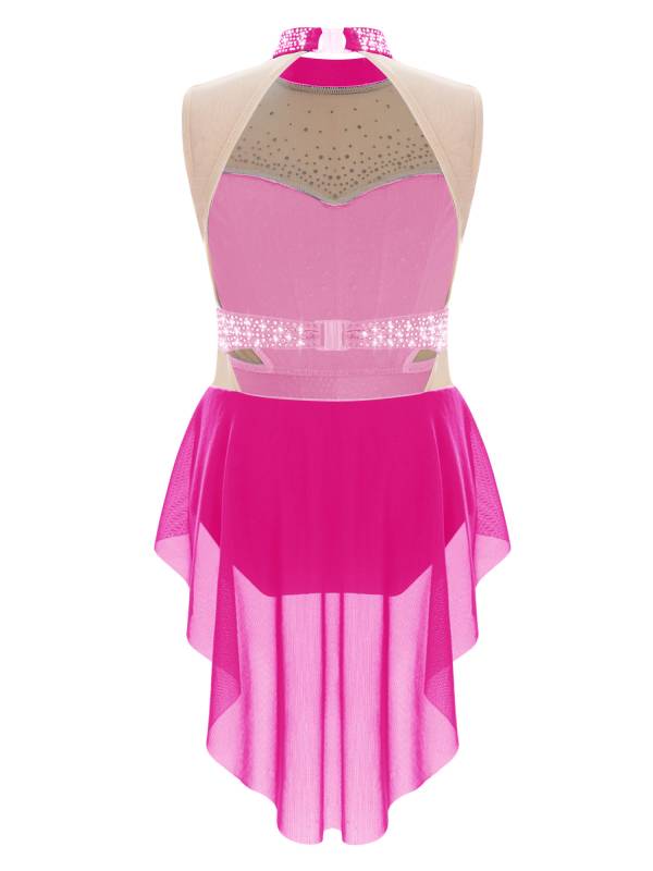 Kids Girls Sleeveless Shiny Rhinestones Mesh Skirted Leotard for Skating thumb