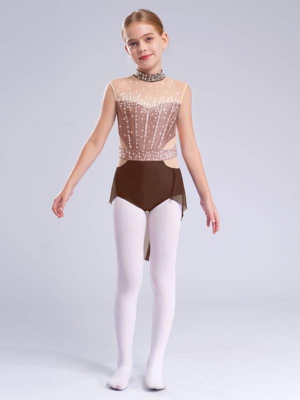 Kids Girls Sleeveless Shiny Rhinestones Mesh Skirted Leotard for Skating thumb