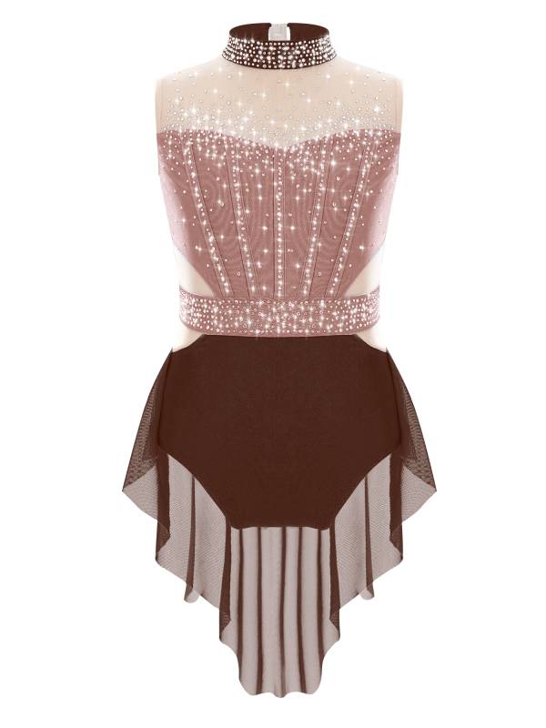 Kids Girls Sleeveless Shiny Rhinestones Mesh Skirted Leotard for Skating thumb