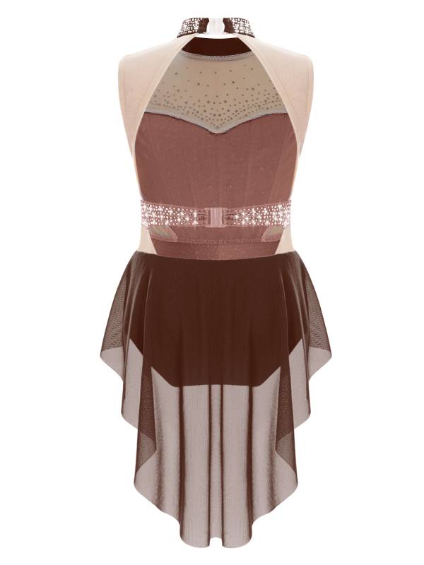 Kids Girls Sleeveless Shiny Rhinestones Mesh Skirted Leotard for Skating thumb