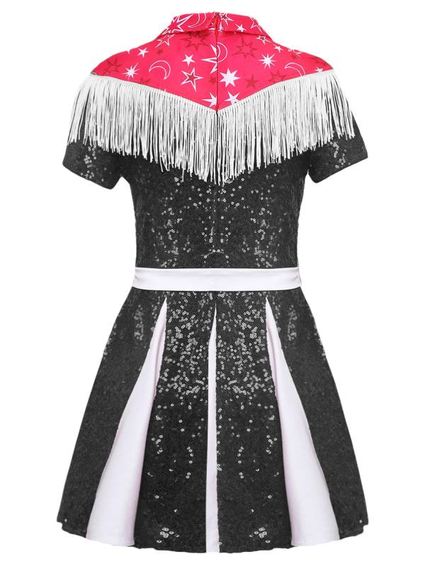 Kids Girl Short Sleeve Fringe Sequins Pleated Cowgirl Costume Dress with Hat thumb