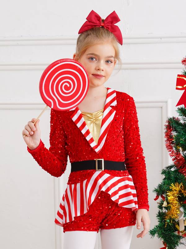 Kids Girl Christmas Lapel Collar Long Sleeve Sequins Stripes Romper thumb