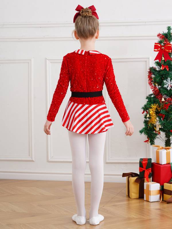 Kids Girl Christmas Lapel Collar Long Sleeve Sequins Stripes Romper thumb
