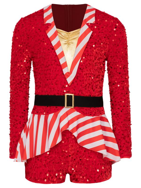 Kids Girl Christmas Lapel Collar Long Sleeve Sequins Stripes Romper thumb