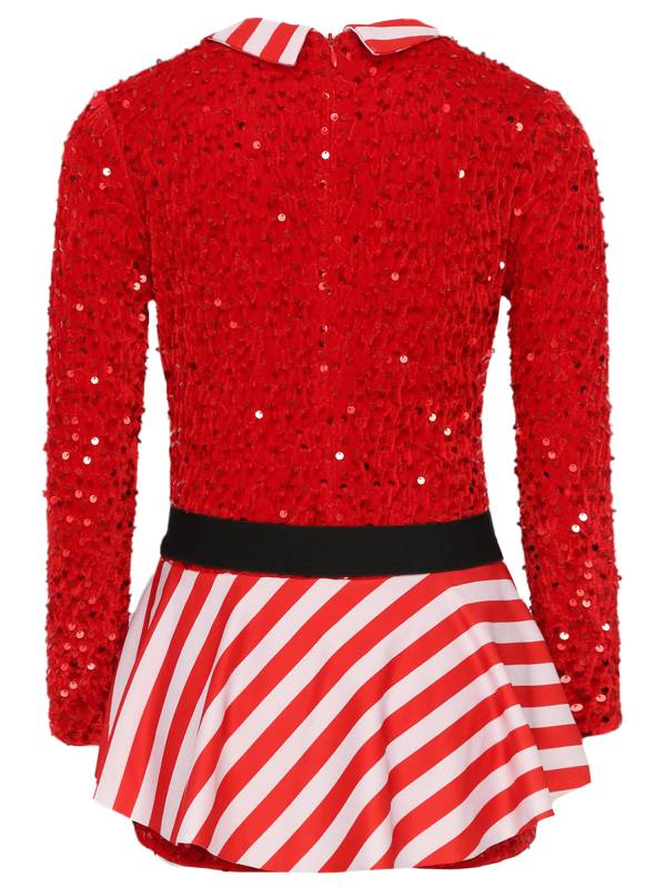 Kids Girl Christmas Lapel Collar Long Sleeve Sequins Stripes Romper thumb