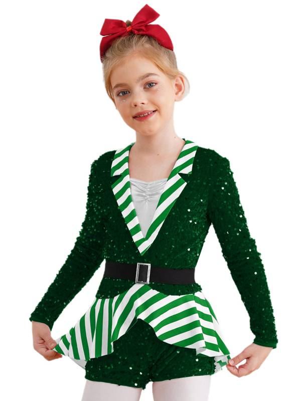 Kids Girl Christmas Lapel Collar Long Sleeve Sequins Stripes Romper thumb