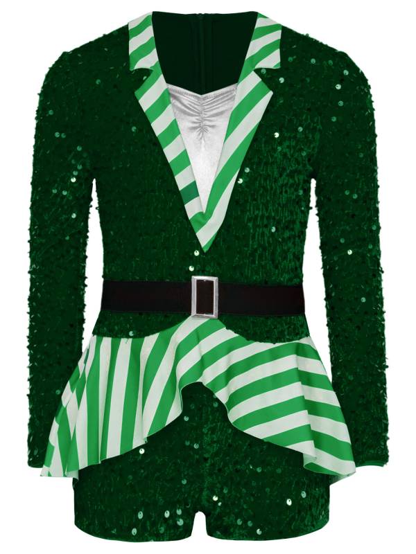 Kids Girl Christmas Lapel Collar Long Sleeve Sequins Stripes Romper thumb