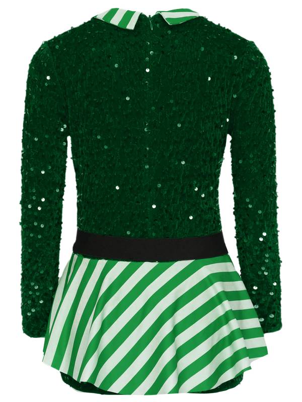 Kids Girl Christmas Lapel Collar Long Sleeve Sequins Stripes Romper thumb