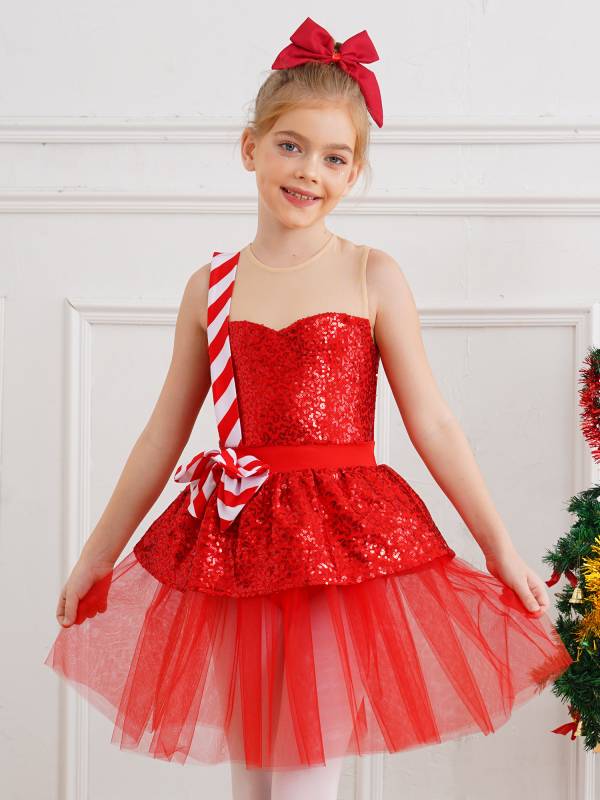 Kids Girl Christmas Sleeveless Sequins Ruffle Stripes Mesh Tutu Dress thumb