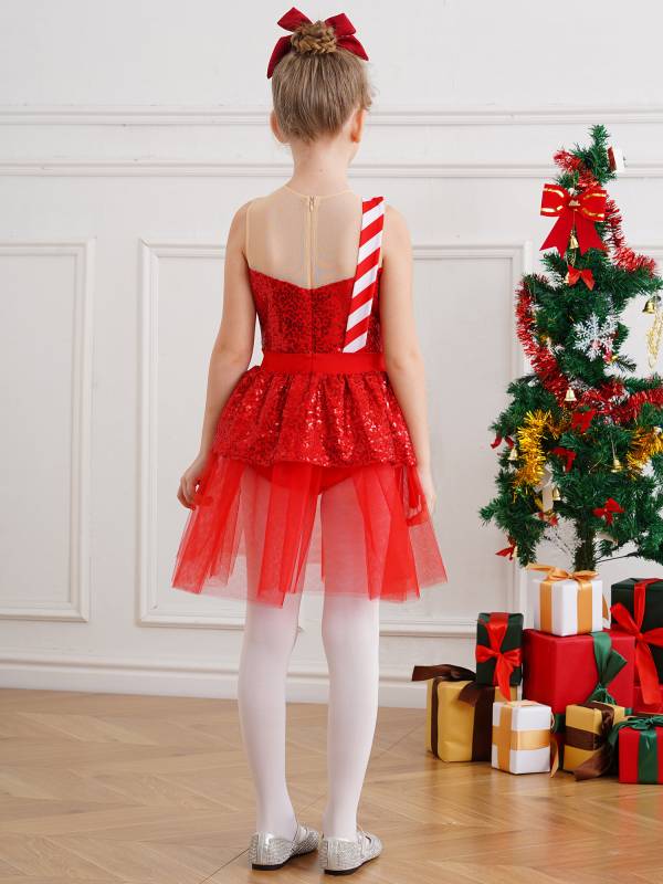 Kids Girl Christmas Sleeveless Sequins Ruffle Stripes Mesh Tutu Dress thumb