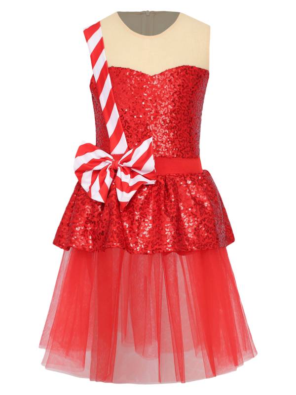 Kids Girl Christmas Sleeveless Sequins Ruffle Stripes Mesh Tutu Dress thumb