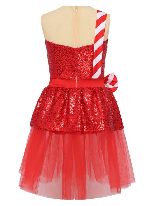 Kids Girl Christmas Sleeveless Sequins Ruffle Stripes Mesh Tutu Dress thumb