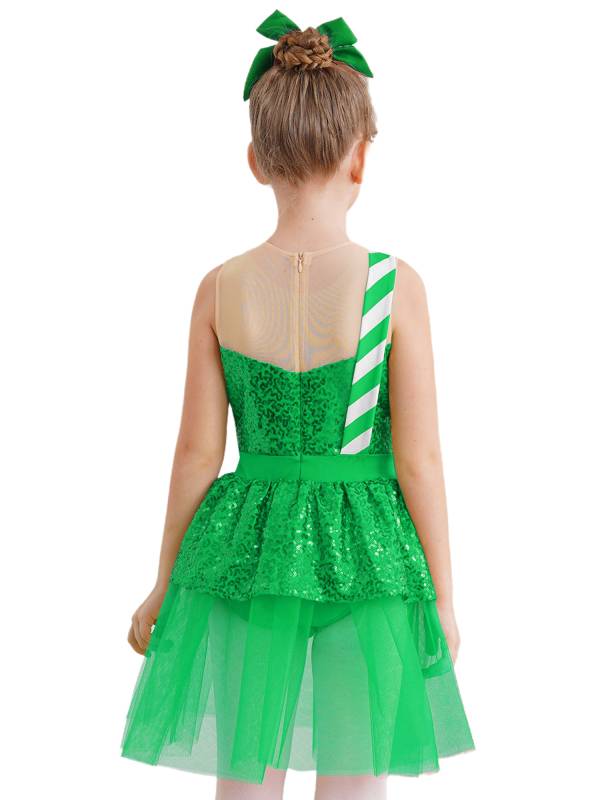 Kids Girl Christmas Sleeveless Sequins Ruffle Stripes Mesh Tutu Dress thumb