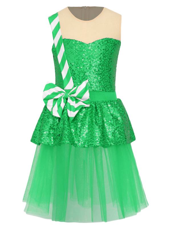 Kids Girl Christmas Sleeveless Sequins Ruffle Stripes Mesh Tutu Dress thumb