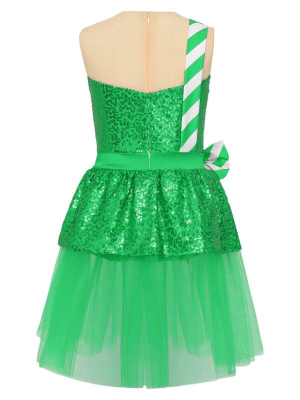 Kids Girl Christmas Sleeveless Sequins Ruffle Stripes Mesh Tutu Dress thumb