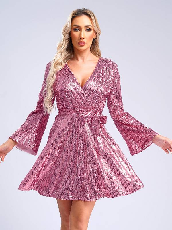 Women Long Sleeve V-neck Solid Color Sequins A-line Cocktail Dress thumb