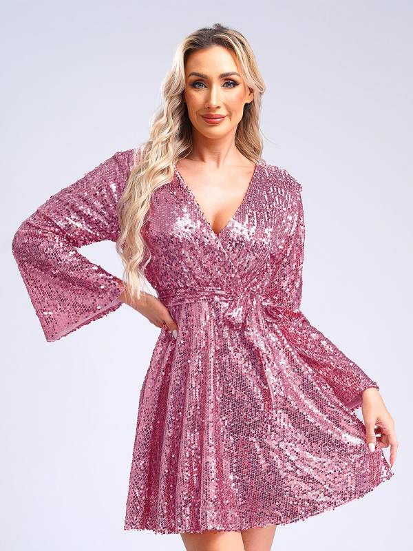 Women Long Sleeve V-neck Solid Color Sequins A-line Cocktail Dress thumb