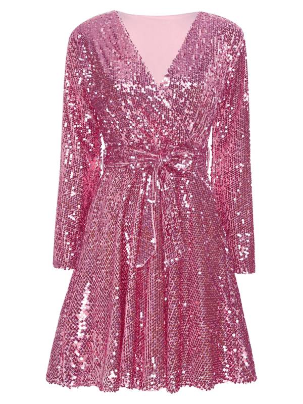 Women Long Sleeve V-neck Solid Color Sequins A-line Cocktail Dress thumb