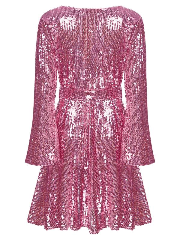 Women Long Sleeve V-neck Solid Color Sequins A-line Cocktail Dress thumb
