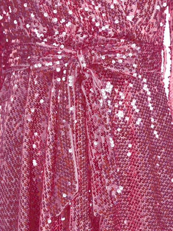 Women Long Sleeve V-neck Solid Color Sequins A-line Cocktail Dress thumb