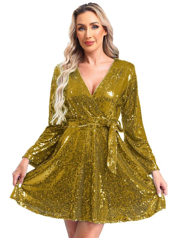 Women Long Sleeve V-neck Solid Color Sequins A-line Cocktail Dress thumb