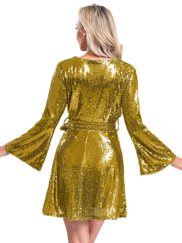 Women Long Sleeve V-neck Solid Color Sequins A-line Cocktail Dress thumb