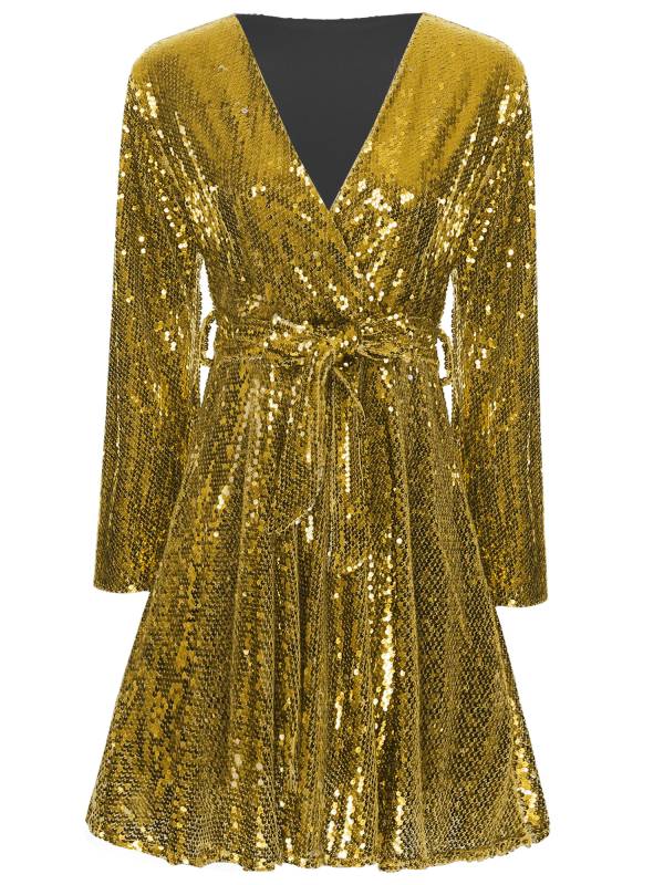 Women Long Sleeve V-neck Solid Color Sequins A-line Cocktail Dress thumb