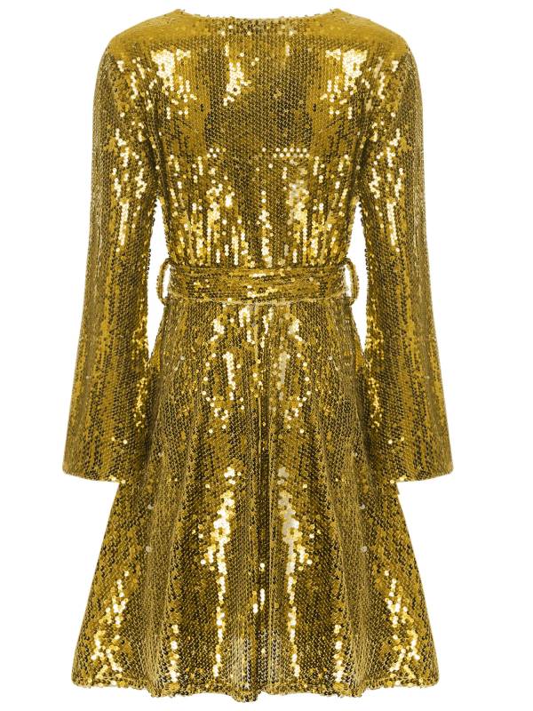 Women Long Sleeve V-neck Solid Color Sequins A-line Cocktail Dress thumb