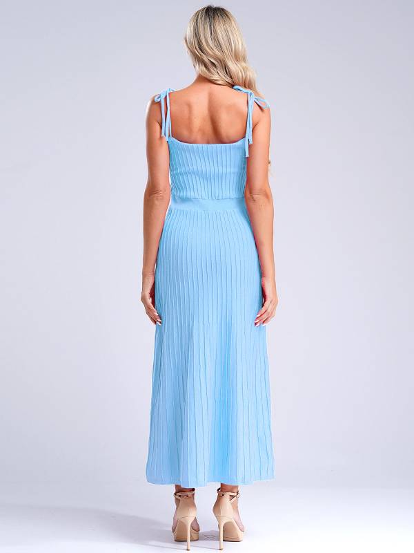 Women Sleeveless Knottable Shoulder Straps Maxi Knitted Dress for Party thumb