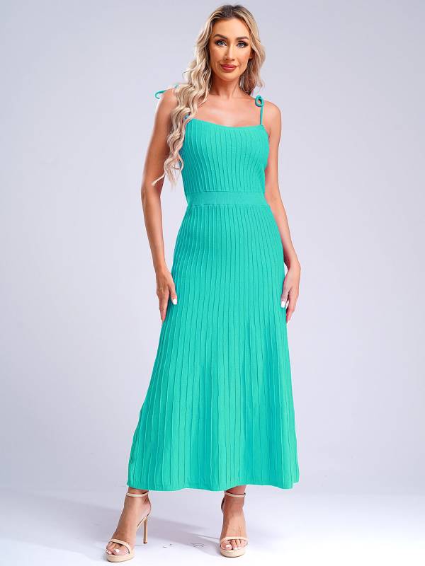 Women Sleeveless Knottable Shoulder Straps Maxi Knitted Dress for Party thumb