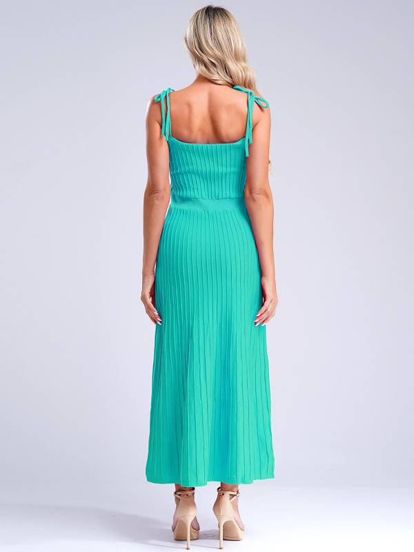 Women Sleeveless Knottable Shoulder Straps Maxi Knitted Dress for Party thumb