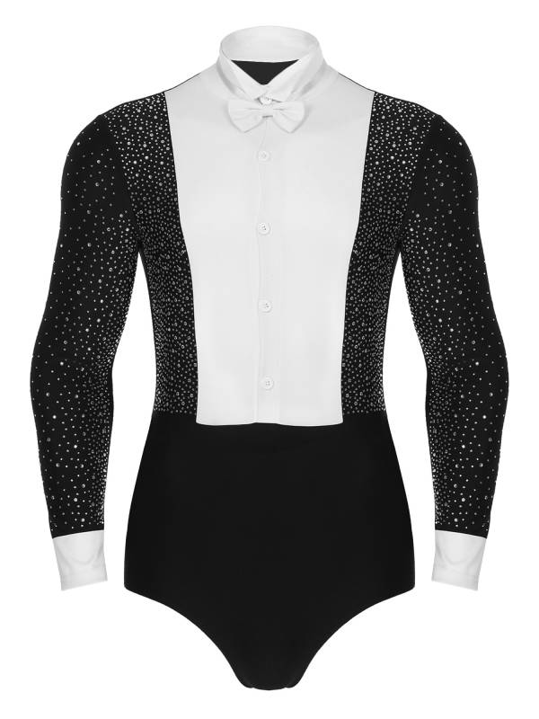 Men Long Sleeves Shiny Rhinestones Colorblock Latin Dance Leotard with Bowtie thumb