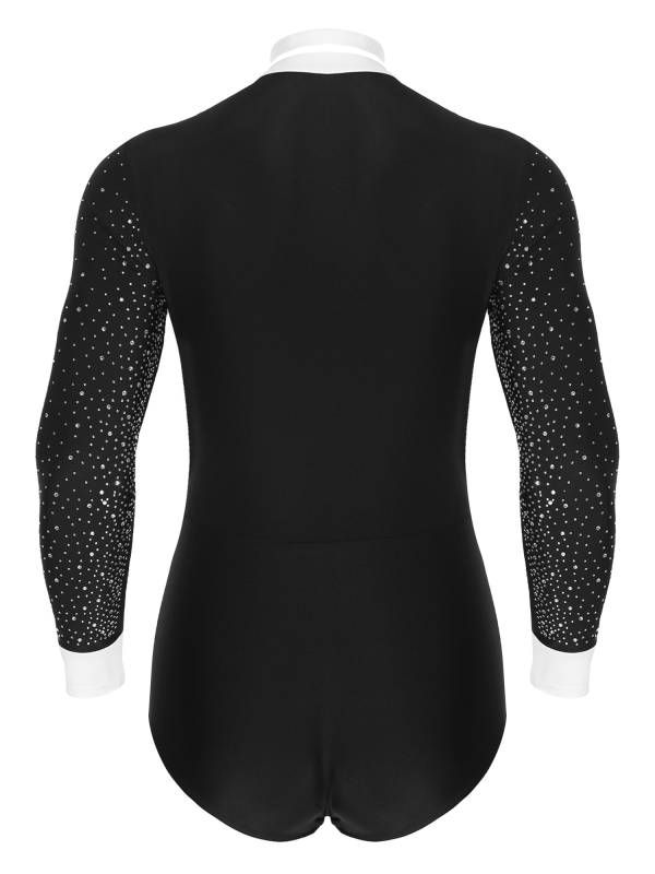 Men Long Sleeves Shiny Rhinestones Colorblock Latin Dance Leotard with Bowtie thumb