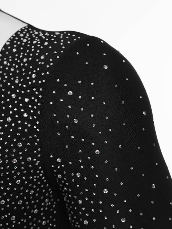 Men Long Sleeves Shiny Rhinestones Colorblock Latin Dance Leotard with Bowtie thumb