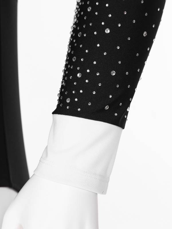 Men Long Sleeves Shiny Rhinestones Colorblock Latin Dance Leotard with Bowtie thumb