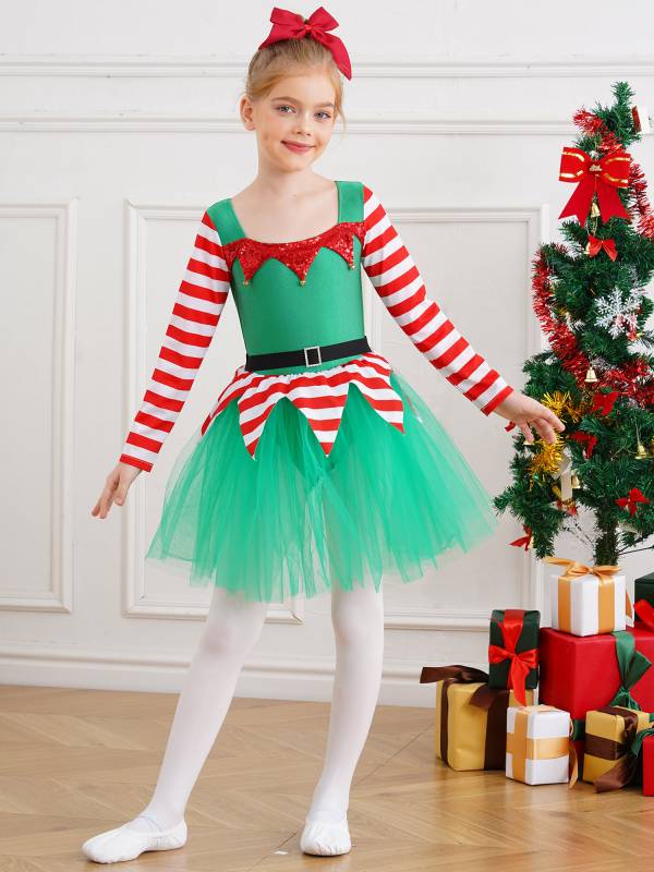 Kids Girl Long Sleeve Square Neck Stripes Tulle Tutu Dress Christmas Elf Costume thumb