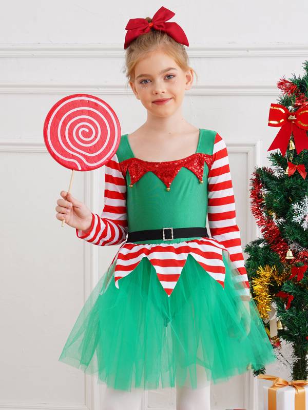 Kids Girl Long Sleeve Square Neck Stripes Tulle Tutu Dress Christmas Elf Costume thumb
