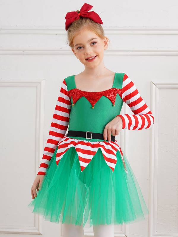 Kids Girl Long Sleeve Square Neck Stripes Tulle Tutu Dress Christmas Elf Costume thumb