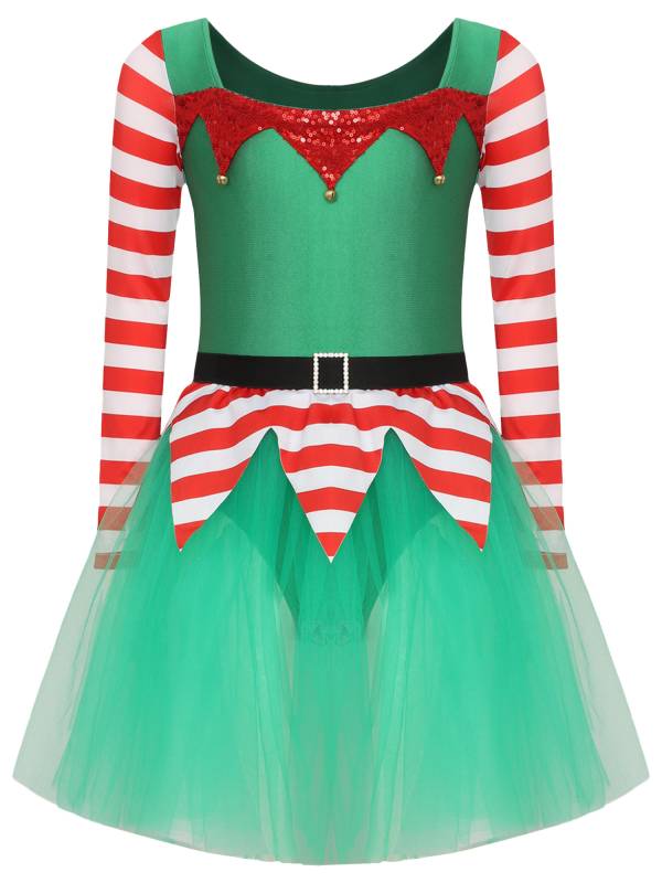 Kids Girl Long Sleeve Square Neck Stripes Tulle Tutu Dress Christmas Elf Costume thumb