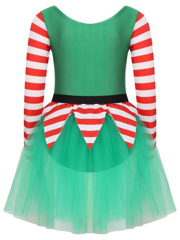 Kids Girl Long Sleeve Square Neck Stripes Tulle Tutu Dress Christmas Elf Costume thumb