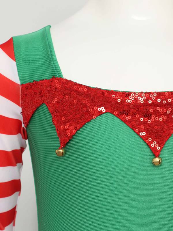 Kids Girl Long Sleeve Square Neck Stripes Tulle Tutu Dress Christmas Elf Costume thumb