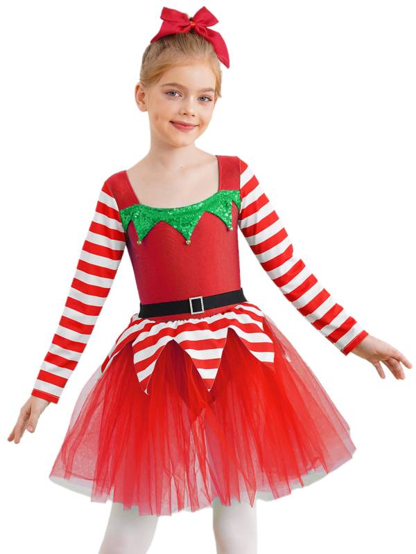 Kids Girl Long Sleeve Square Neck Stripes Tulle Tutu Dress Christmas Elf Costume thumb