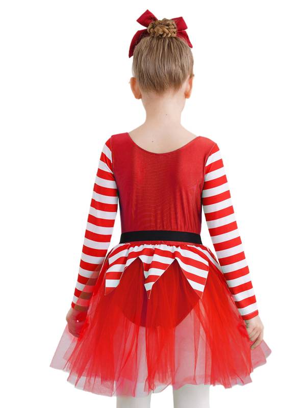 Kids Girl Long Sleeve Square Neck Stripes Tulle Tutu Dress Christmas Elf Costume thumb