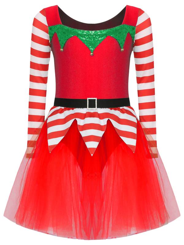 Kids Girl Long Sleeve Square Neck Stripes Tulle Tutu Dress Christmas Elf Costume thumb