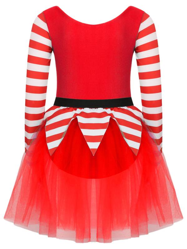 Kids Girl Long Sleeve Square Neck Stripes Tulle Tutu Dress Christmas Elf Costume thumb